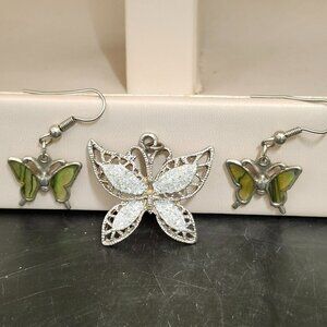 Butterfly Pendant With Earrings Silver Tone Glitter Crystals Faux Shell Jewelry